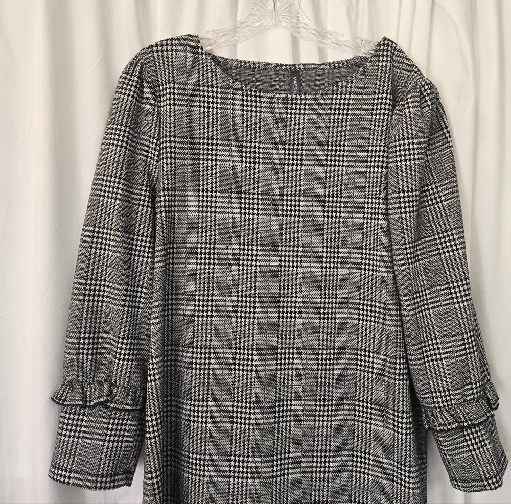 Massini Black and White Plaid Long Sleeve Relax Fit Dress Size L - Picture 5 of 8